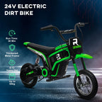 Green 24V electric kids dirt bike with black seat and knobby front and rear tires