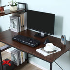 Office computer desk with walnut-brown top, black frame, and storage shelves for books