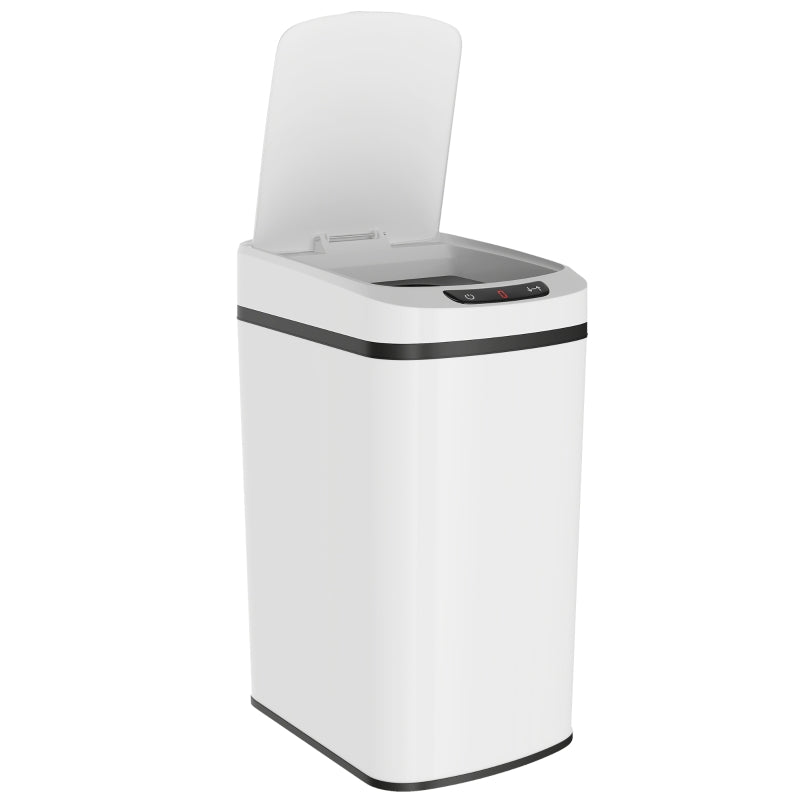 White automatic touchless kitchen sensor trash bin with black top control panel