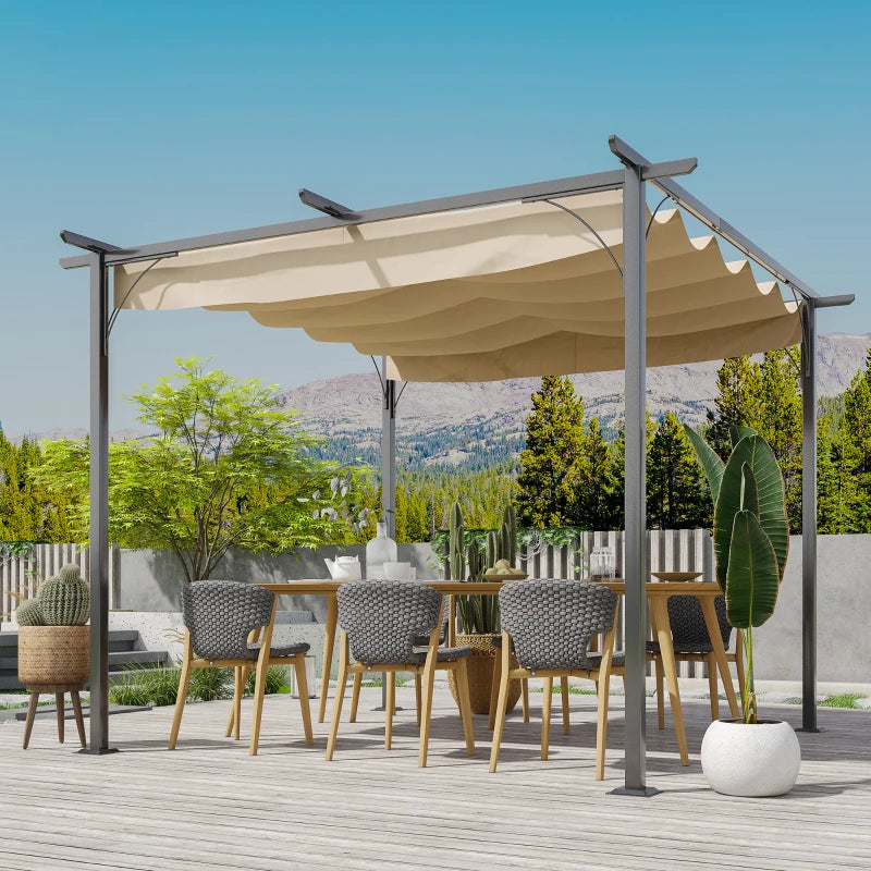 Beige retractable-canopy metal pergola with four posts over outdoor dining set