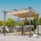 Beige retractable-canopy metal pergola with four posts over outdoor dining set