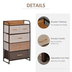 Details of wooden top, wooden drawer handles, and adjustable foot pads on storage dresser