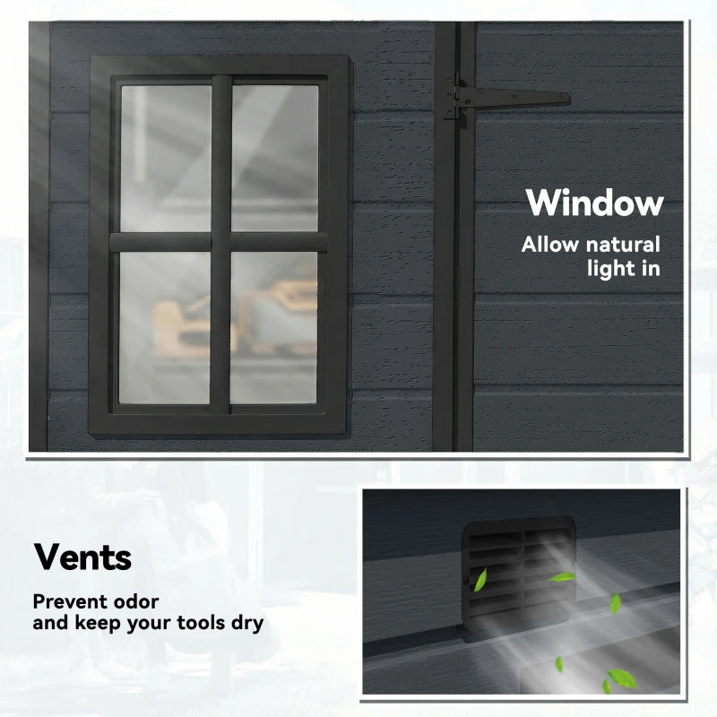 Dark grey resin shed with large window and vent openings for airflow