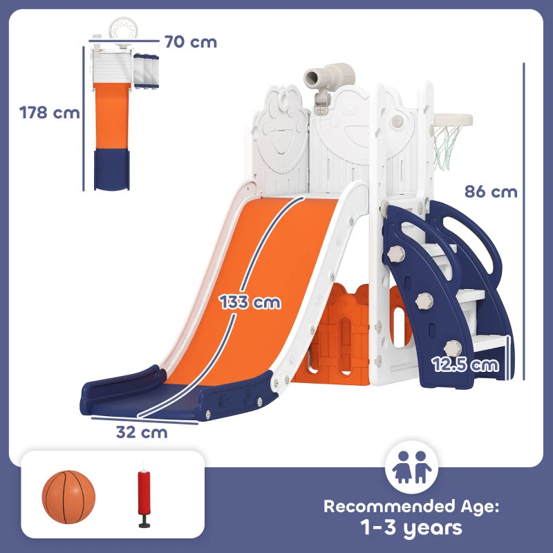 Kids slide playset with size diagram, orange slide and navy basketball hoop