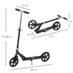 Black adjustable kids kick scooter with size measurements for handlebar and deck