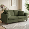 Green corduroy two-seat sofa with square arms and tufted back cushions