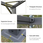 Lean-to pergola hardware details: expansion screws and base feet with mounting holes