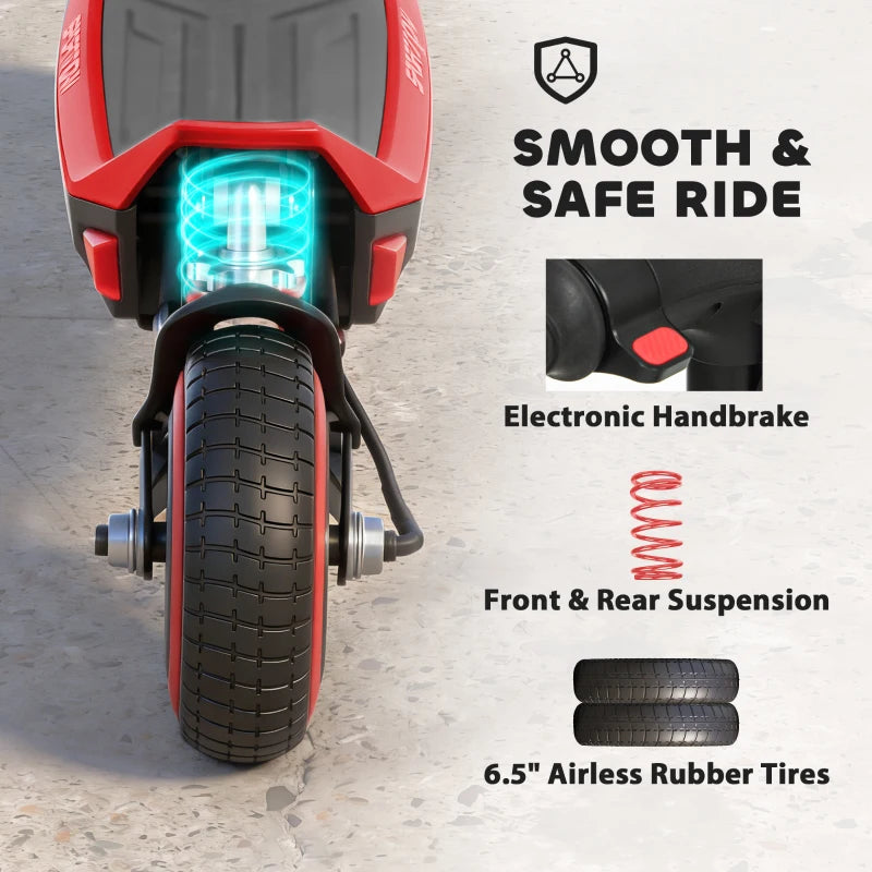 Red electric scooter front with LED headlight, suspension fork, and airless tires