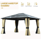 Large hardtop gazebo with black roof and beige-and-black curtain side panels