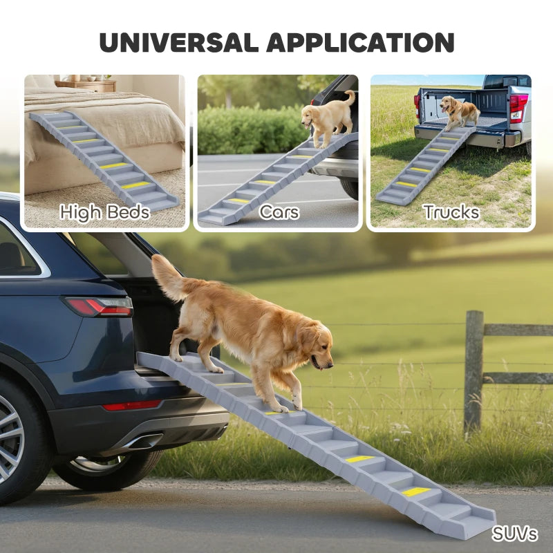 Grey 10-step pet ramp with yellow anti-slip treads for cars, trucks, and beds