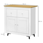 White sideboard cabinet with wood-grain top, two drawers and two cabinet doors