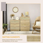 Wood-effect rattan drawer chest with four drawers and woven panel details, bar pulls