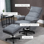 Grey recliner with linen-feel fabric, thick sponge padding, and swivel seat base