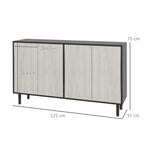 Sideboard cabinet front view with four door panels, black frame, and legs