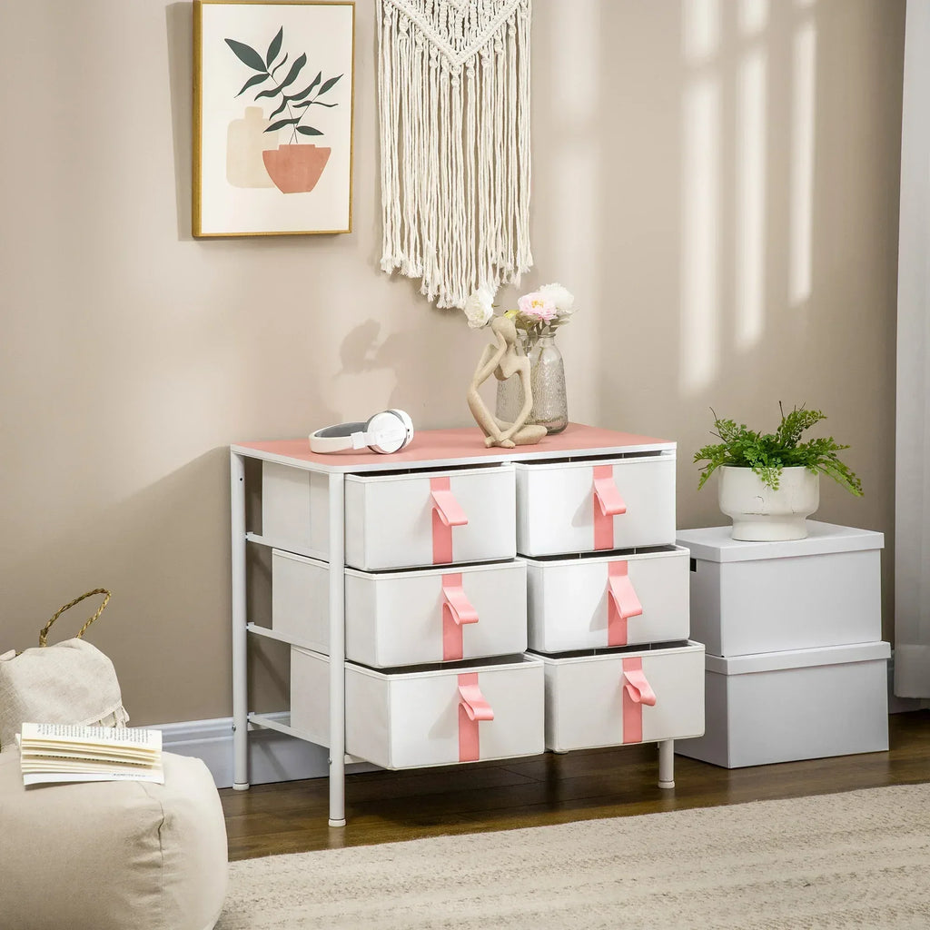 Chest of Drawers, Cloth Organizer Unit with 6 Fabric Drawers, Metal Frame and Wooden Top, Storage Cabinet for Kids Room, Living Room, Closet, Hallway, Pink - Bobobiy