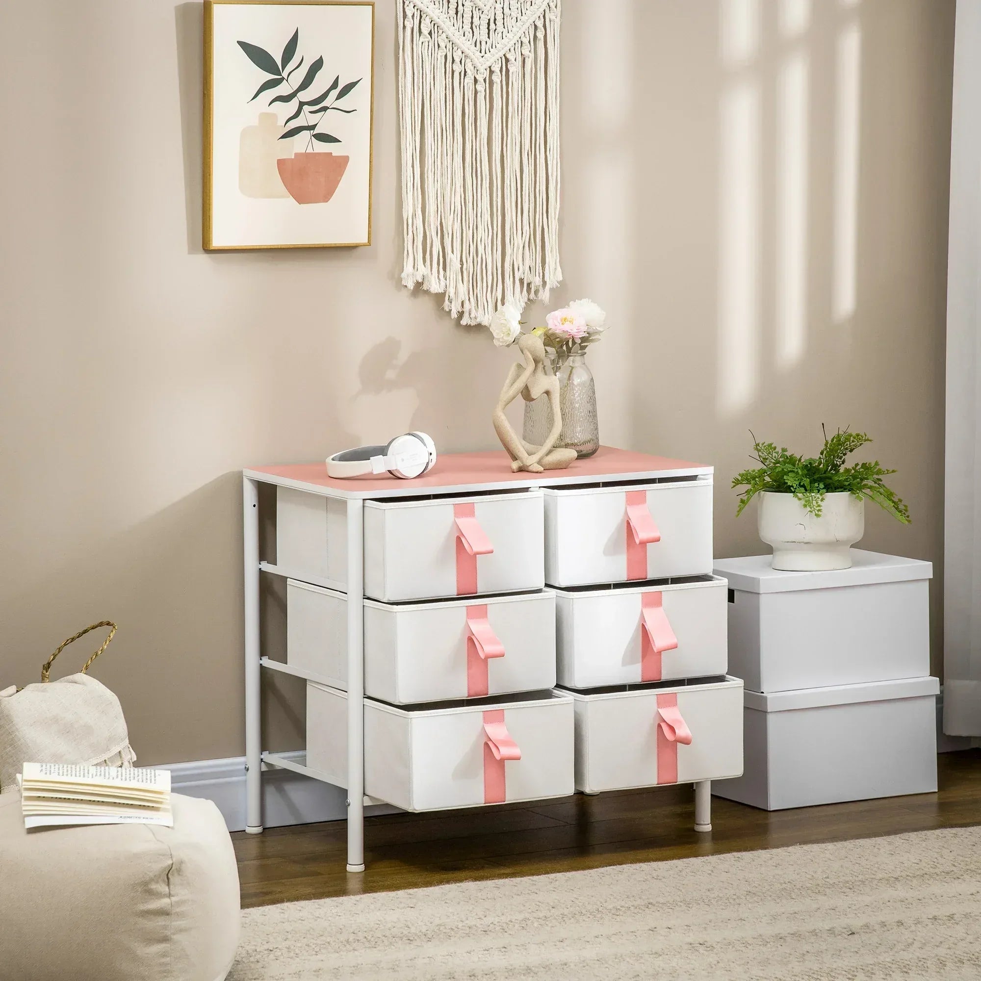 Chest of Drawers, Cloth Organizer Unit with 6 Fabric Drawers, Metal Frame and Wooden Top, Storage Cabinet for Kids Room, Living Room, Closet, Hallway, Pink - Bobobiy