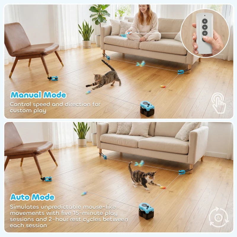 Blue interactive cat toy with remote-control modes and indoor play setup