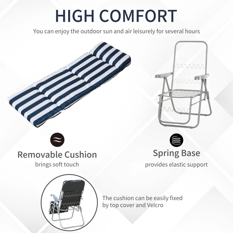 Blue and white striped folding sun lounger cushion with spring-base metal frame