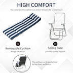 Blue and white striped folding sun lounger cushion with spring-base metal frame