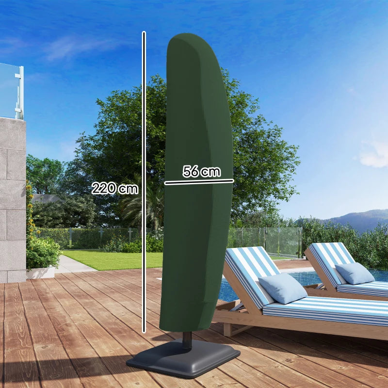 Green cantilever umbrella cover on base, full canopy cover for outdoor patio