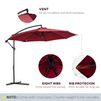 Wine red cantilever umbrella with vented canopy and eight supporting ribs