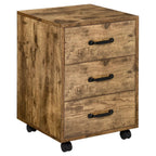 Rustic brown mobile file cabinet with three drawers and black curved handles, on wheels