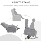 Grey electric lift recliner shown helping-to-stand lift and recline positions
