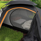 Grey dome tent mesh front window with orange edging and hanging rainfly