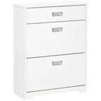 White slim shoe cabinet with three drawers and silver bar handles.