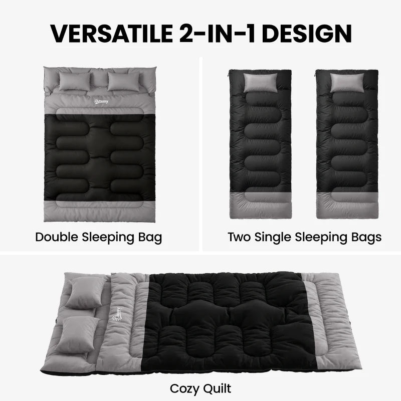 Double sleeping bag with two pillows; grey top and black quilted body.