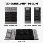Double sleeping bag with two pillows; grey top and black quilted body.