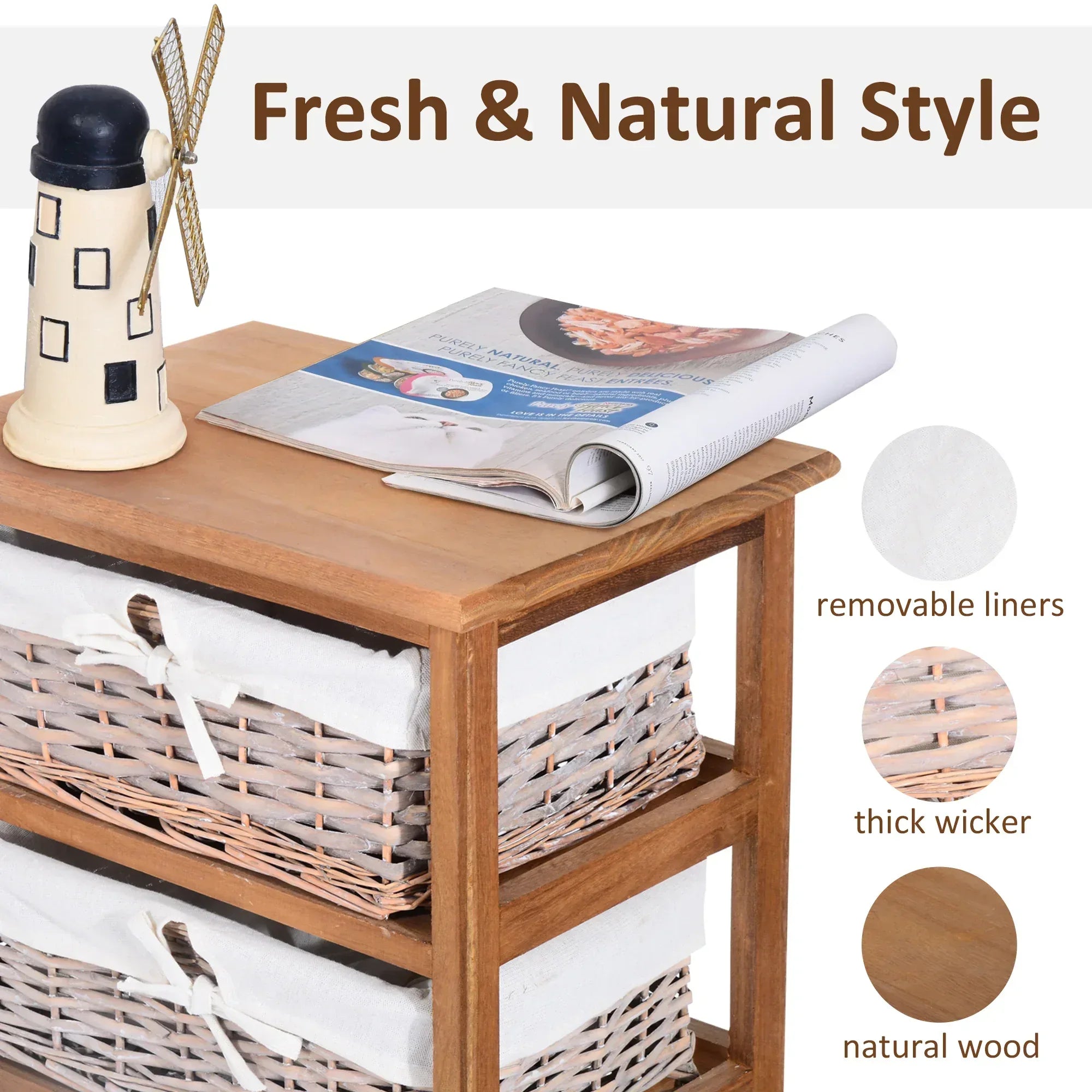 5 Drawer Dresser Wicker Basket Storage Shelf Unit Wooden Frame Home Organisation Cabinet Bedroom Office Furniture Natural Finish - Bobobiy