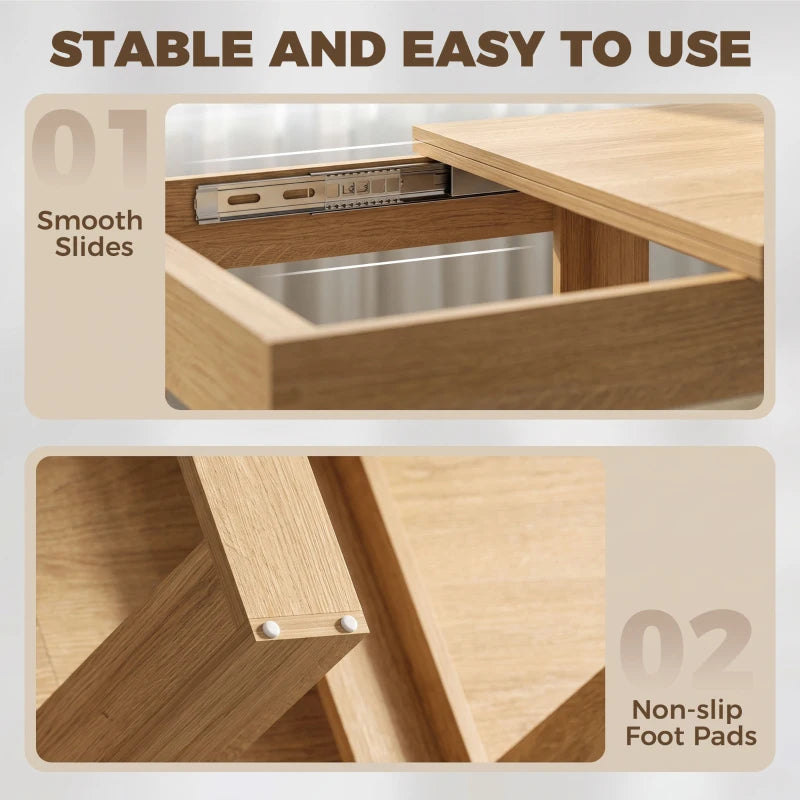 Oak-effect folding table mechanism with smooth slides and non-slip foot pads
