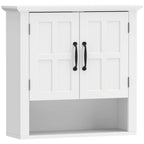 White wall-mounted cabinet with 2 paneled doors and black handles, rectangular frame