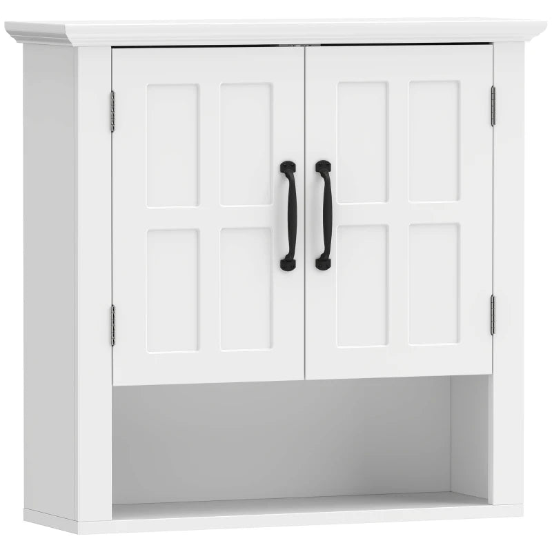 White wall-mounted cabinet with 2 paneled doors and black handles, rectangular frame