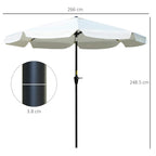 White patio umbrella canopy with ruffled edges and black center pole, open