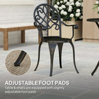Black garden bistro chair with ornate back and adjustable foot pad detail