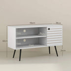 White TV stand with striped side door, open shelves, and dark tapered legs.