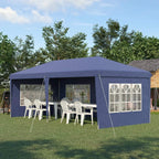 Blue pop-up gazebo tent with white window panels and sidewalls over outdoor seating area