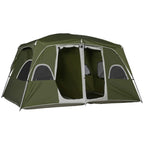 Olive-green 2-room camping tent with large mesh windows and front door panels.