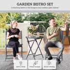 Grey bistro set with round glass-top table and 2 folding chairs on patio