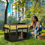 Yellow portable dog playpen with mesh sides and top cover