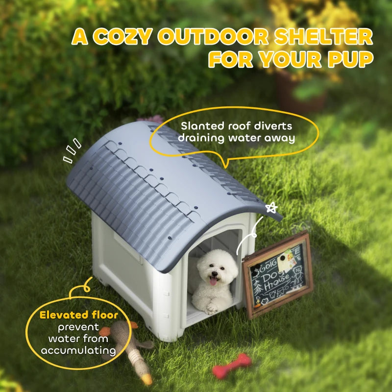 Outdoor dog kennel with slanted dark grey roof and raised base, white plastic body