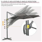 Grey cantilever patio umbrella with adjustable canopy angles and manual crank handle