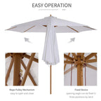 Cream parasol showing rope pulley mechanism and fixed opening device on pole