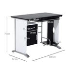 Black computer desk with sliding keyboard tray, drawer cabinets, and CPU stand (size shown)