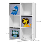 White kids toy storage cabinet with fabric drawers and dimension labels on the front