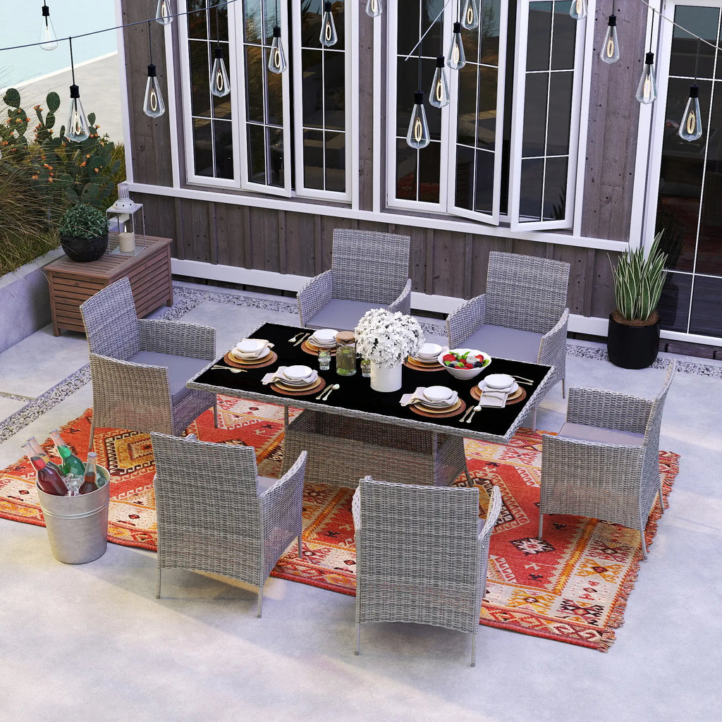 Outsunny 7-Piece Rattan Garden Set with Cushions, 6-Seater Garden Table and Chairs, Rattan Dining Set with 6