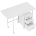 White foldable office desk with 3-drawer cabinet and extendable tabletop on wheels