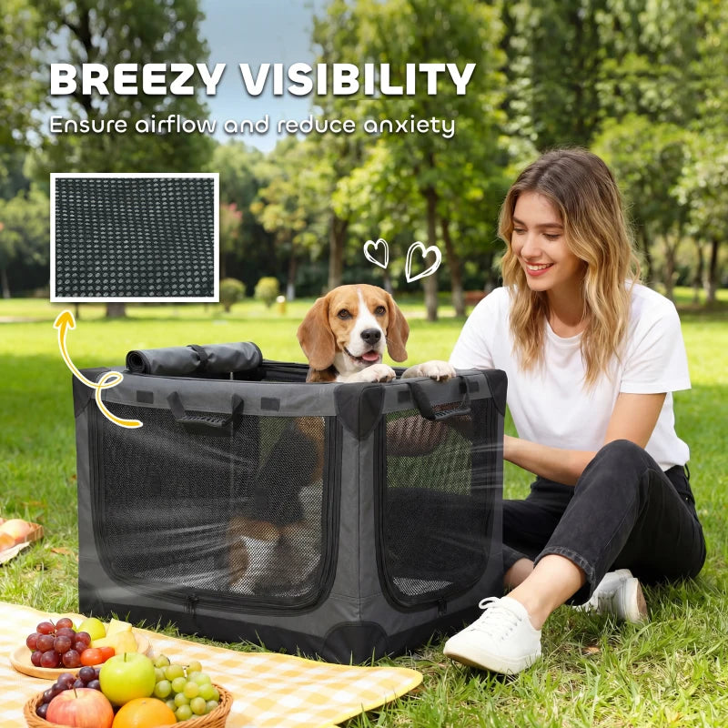 Soft-sided pet travel crate with mesh ventilation panels and zippered front, army green